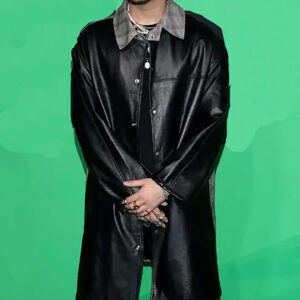 Bad Bunny Spotify Awards Black Leather Long Coat-Front