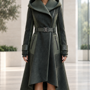 Women’s 2026 Futuristic Hooded Wool Trench Coat - Front